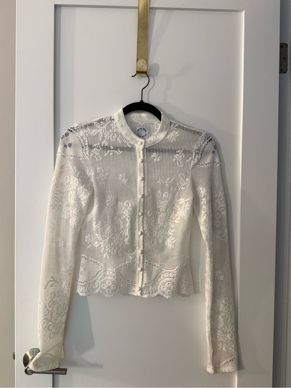 With Jean White Crochet Button-Front Long Sleeve Top
